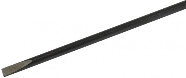 It is a long, straight metal screwdriver. The blade is flat and has a beveled tip, while it lacks a handle, making it slim and handy.