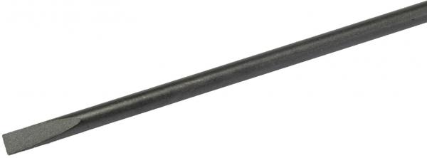 The image shows a long, narrow screwdriver with a flat blade. It has a black handle and is slightly glossy. The blade is straight and ends in a broad surface.