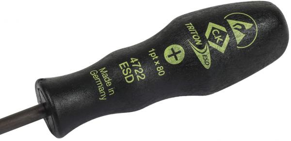 The image shows a Phillips screwdriver with a black handle. On the handle, there are green inscriptions indicating the model and origin.