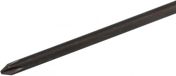 The image shows a long, slender screwdriver with a cross-shaped head. It is black and has a smooth surface that tapers narrowly towards the tip.