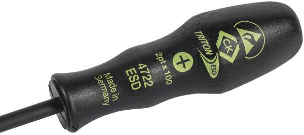 Das Bild zeigt einen schwarzen Schraubendreher mit einem ergonomischen Griff und gelben Beschriftungen. Er hat eine kreuzförmige Spitze und ist für elektronische Anwendungen geeignet.