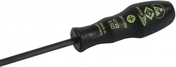 It is a Phillips screwdriver with a long, thin shank and a rubberized, ergonomic handle. The handle is black with green lettering.