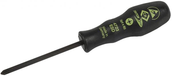 The image shows a black screwdriver with an ergonomic handle. The handle has green inscriptions and a curved end. The blade is narrow and straight, suitable for screws.