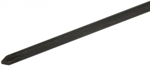 The image shows a long, black screwdriver with a cross-shaped tip. The shaft is straight and narrow, the tip is precisely shaped for Phillips screws.