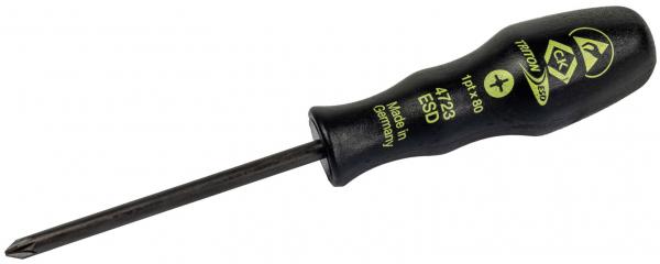 The image shows a black screwdriver with a yellow imprint. The handle is ergonomically designed. The blade is long and straight, suitable for Phillips screws.