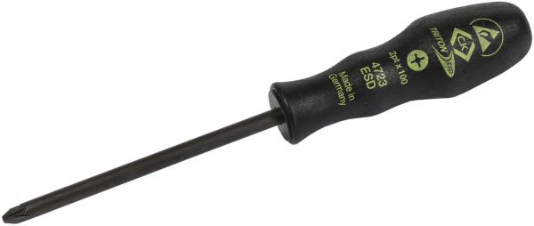 The image shows a screwdriver with a black, non-slip handle. The handle has yellow lettering with information on the size and origin. The tip is straight and narrow.