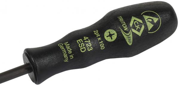The image shows a screwdriver with a black, non-slip handle. The handle has green lettering and an ergonomic shape. The blade is long and thin.