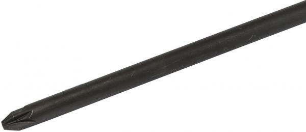 The image shows a long, black screwdriver with a cross-shaped head. The handle is missing, and the blade tapers to a point, suitable for Phillips screws.