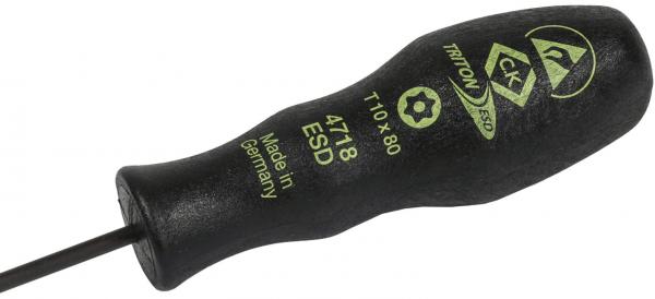 The image shows a black screwdriver with green lettering. The handle is ergonomically shaped, the blade is long and thin, suitable for precise tasks.