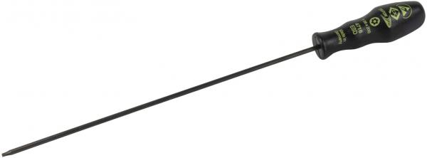 The image shows a screwdriver with a long, narrow steel body and a black handle. Green symbols are printed on the handle, providing information about size and usage.