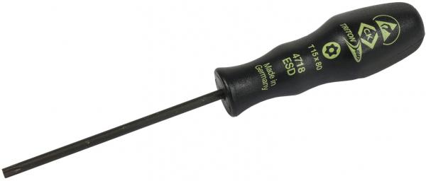 The image shows a screwdriver with a long, slender, black handle and a metal tip. There are green letterings and symbols on the handle.