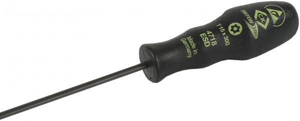 Das Bild zeigt einen Schraubendreher mit einem langen, dünnen Metallstab und einem schwarzen, ergonomisch geformten Griff. Auf dem Griff sind Informationen wie Größe und Hersteller aufgedruckt.