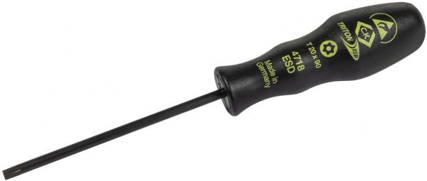 The image shows a black screwdriver with a long, thin steel pin. The handle has a matte finish and is labeled with yellow lettering.