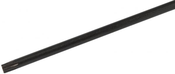 The image shows a long, narrow black rod that tapers slightly at one end. The surface is smooth and even, without any noticeable features.