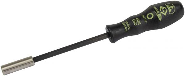 The image shows a screwdriver with a black, non-slip handle and a metallic shaft. The blade is long and thin, ideal for driving screws.