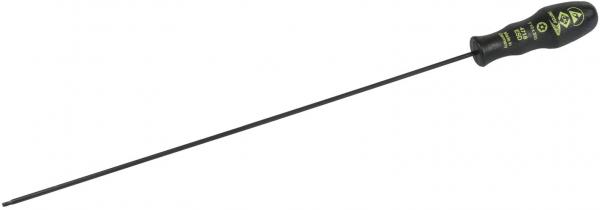 The image shows a long, slender screwdriver with a grippy, black handle. The handle features yellow lettering and a solid, thin metal tip.