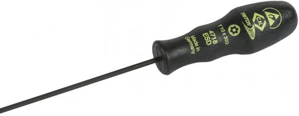 The image shows a screwdriver with a black, ergonomic handle. The handle has a yellow inscription and a slim metal blade that is straight and long.
