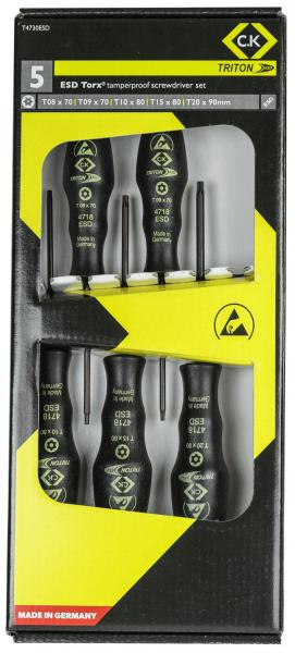 Das Bild zeigt ein Schraubendreher-Set mit fünf Torx-Schraubendrehern in einer Verpackung. Die Griffe sind schwarz mit gelben und weißen Markierungen. Die Maße sind aufgedruckt.