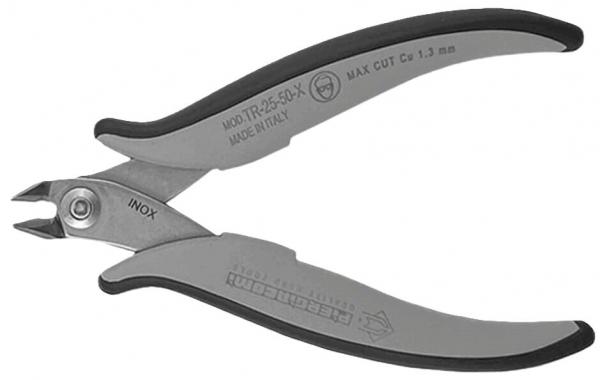 The image displays a small pair of pliers with rounded handles. The pliers are made of metal with gray and black plastic on the handles. They have a narrow tip and cutting edges.