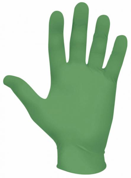 The image shows a green, single-glove-shaped rubber hand. The fingers are extended and visible, and the palm is also clearly distinguishable.