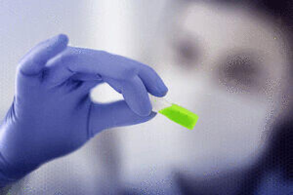 A hand with blue gloves is holding a small, brightly green object. In the background, a person with a face mask can be seen out of focus.