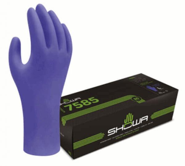 The image shows a purple rubber glove standing upright next to a black package with green accents, labeled "SHOWA 7585."