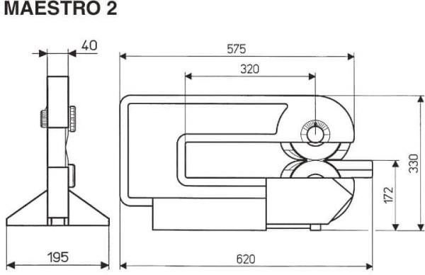 Das Bild zeigt technische Zeichnungen eines Geräts namens "Maestro 2". Es enthält Maße in Millimetern für Höhe, Breite und Tiefe. Die Darstellung ist schematisch und zeigt eine seitliche Ansicht.
