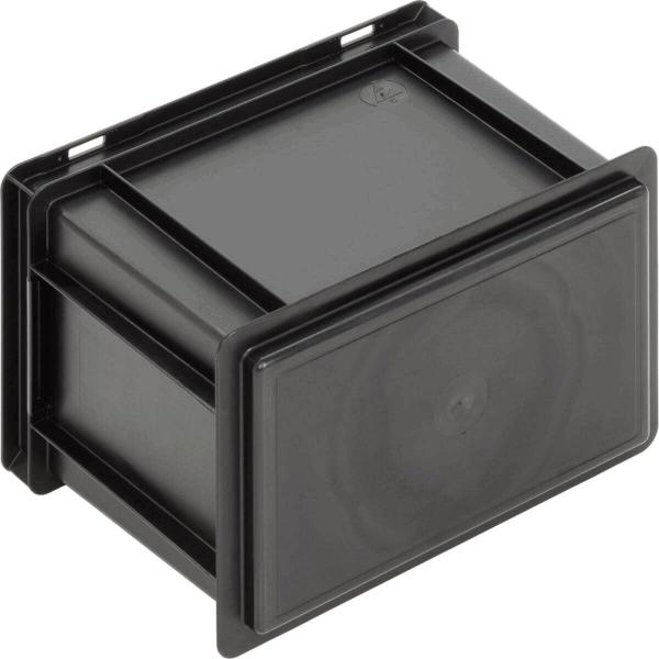 Das Bild zeigt eine schwarze, rechteckige Box aus Kunststoff mit einer glatten Oberfläche. Sie hat eine geschlossene Vorderseite und steht auf einer der kleineren Seiten.