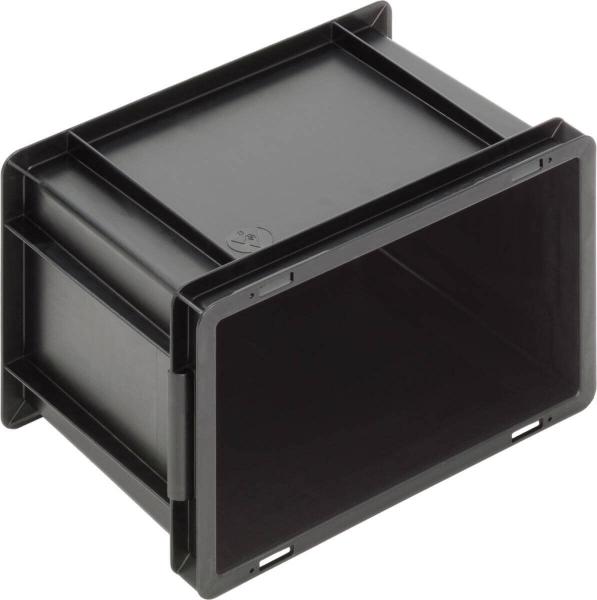 Das Bild zeigt eine rechteckige schwarze Kunststoffbox. Sie hat offene Seiten und eine flache Oberseite. Der Innenraum ist leer, und die Wände sind stabil und glatt.