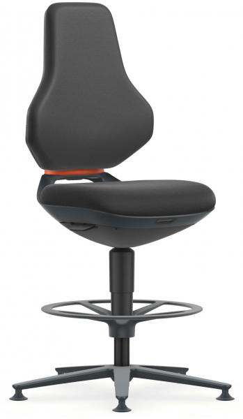 The chair features an ergonomic, black faux leather seat with a high, shell-shaped backrest. It stands on a sturdy, round base with five casters for mobility.