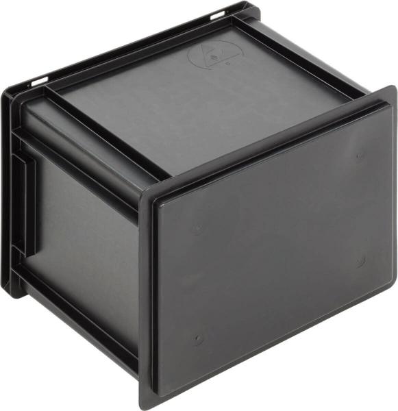 Das Bild zeigt eine schwarze, quadratische Kunststoffbox mit einem flachen Deckel. Sie hat keine sichtbaren Griffe und wirkt robust und funktional, ideal zum Verstauen von Gegenständen.