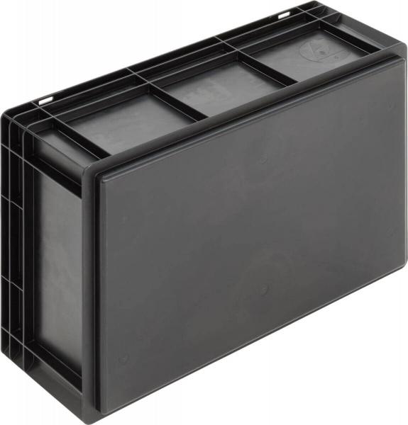 Das Bild zeigt eine schwarze, rechteckige Kunststoffbox. Sie hat eine glatte, flache Oberfläche und ist leicht erhöht, mit einem stabilen Rahmen, der Öffnungen zur besseren Handhabung hat.