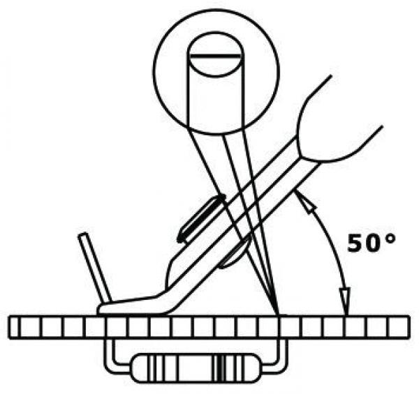 The image displays a schematic elevation of an object that is tilted at an angle of 50 degrees. A line represents a beam targeting the object from above. Adjacent to it, a base is visible.