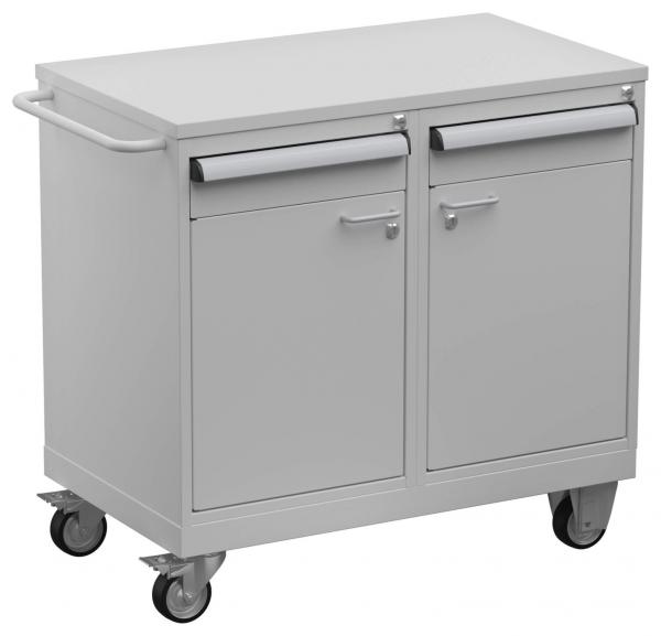 This is a gray trolley with a smooth top. It has two drawers with silver handles and two doors below. The casters are designed for mobility.