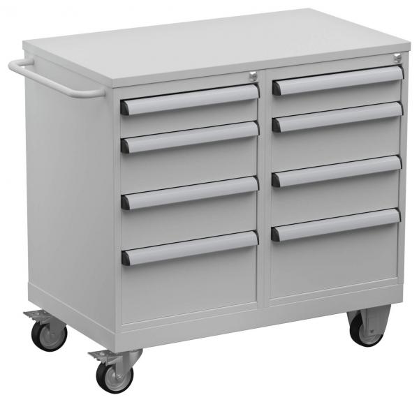 The image shows a gray tool cart with two rows of drawers and a flat countertop on top. It has wheels for mobility and a handle on the side.
