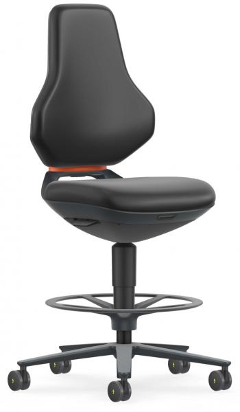 The chair has a high, ergonomic back and a wide, padded seat. It stands on a swivel base with casters and a sturdy footrest. Color: Black.