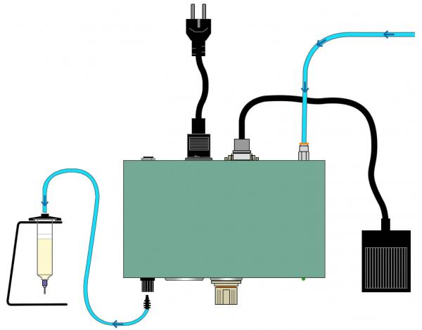 The image displays a technical assembly. In the center is a rectangular device, surrounded by various cables that lead to a power plug, a container, and a cooler.