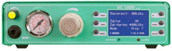 The image shows a green device with a large display and several buttons. On the left is an analog pressure gauge. There are buttons for programming, saving, and selection.