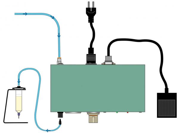 The image displays a device with a rectangular casing. It has several connections: a power plug on top, hoses, and a container on the left side that holds a liquid.