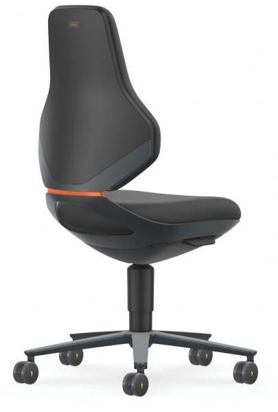 The chair has an ergonomic backrest with rounded edges. The seat is padded and black, with a decorative element in orange. It has five wheels and an adjustable base.