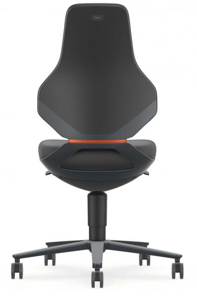 The chair features an ergonomic, high backrest in an elegant, matte black. The seat is round and has a slight curve. Beneath the seat, five caster feet extend. An orange accent line is visible.