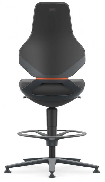 The image shows a modern office chair with a high backrest, black upholstery, and a gray frame. An orange accent runs horizontally in the middle. The chair has a footrest.