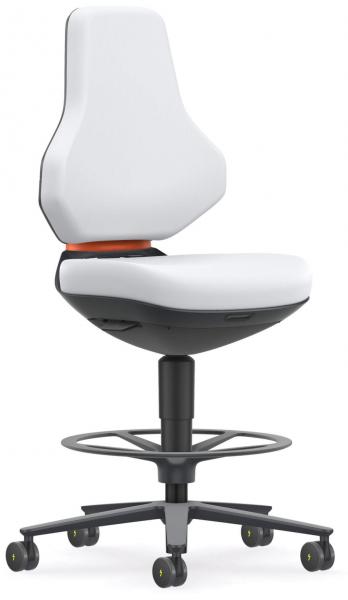The chair has a high, ergonomic backrest and a wide seat. It is upholstered in white, has a black base with casters, and a foot ring for support.