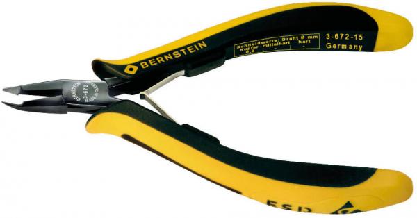 The image shows a small pair of pliers with black and yellow handles. The jaws of the pliers are narrow and pointed, suitable for cutting or gripping fine objects.