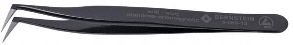 The image shows a black, anti-magnetic tweezer. It has a narrow, pointed shape with two straight gripping arms that are slightly curved.