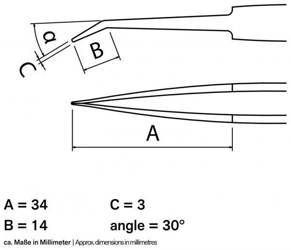 The image shows a technical drawing of a tool, likely a pair of pliers or tweezers, with dimensions in millimeters. The lengths A, B, and C, as well as an angle, are indicated.