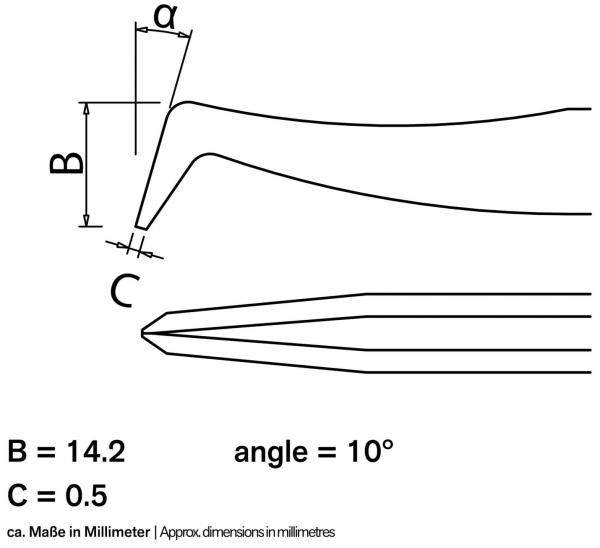 The image displays technical drawings of an object with dimensions. It includes lines depicting a sharp part, as well as measurements for B (14.2 mm) and C (0.5 mm). The angle is 10°.