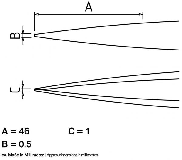 Das Bild zeigt eine technische Zeichnung mit drei Maßlinien (A, B, C) und entsprechenden Angaben in Millimetern. Die Linien zeigen unterschiedliche Breiten und Formen.