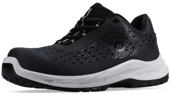 The shoe is sporty, predominantly black with white accents. It features a breathable upper with many small holes and a modern, rubberized sole for good grip.