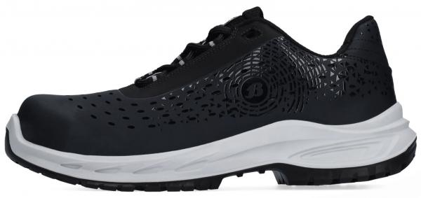 The shoe is black with a white sole. It has a perforated upper for ventilation and a sporty, modern shape. The laces are black and the heel is slightly elevated.